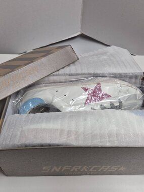 White Bonded Leather Sneakers Pink Glitter Star Blue Heel Size 42